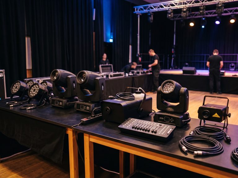 Fénytechnika csomag asztalon — moving head, LED, ködgép